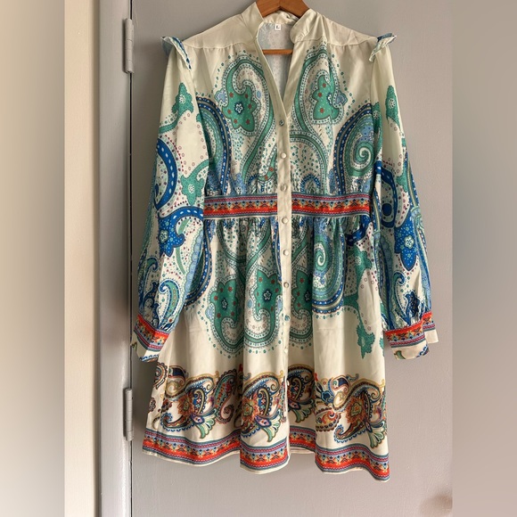 NWOT SHEIN blue/green Paisley Print Lantern Sleeve V neck Shirt Dress size Large - Picture 3 of 9